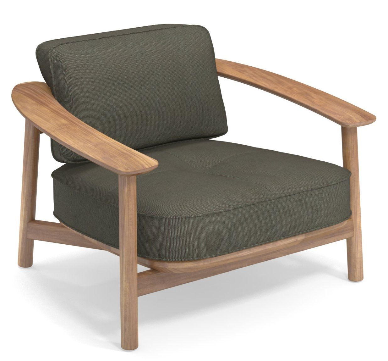 Twins Lounge Chair Sessel Outdoor Emu mit Holzrahmen und olivgrünen Polsterkissen, ideal für Garten und Terrasse.