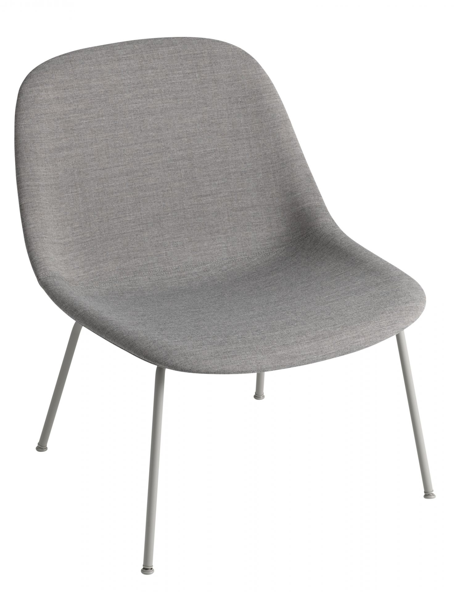 Grauer Fiber Lounge Chair von Muuto mit Stoffbezug und filigranem Stahlrohrgestell.