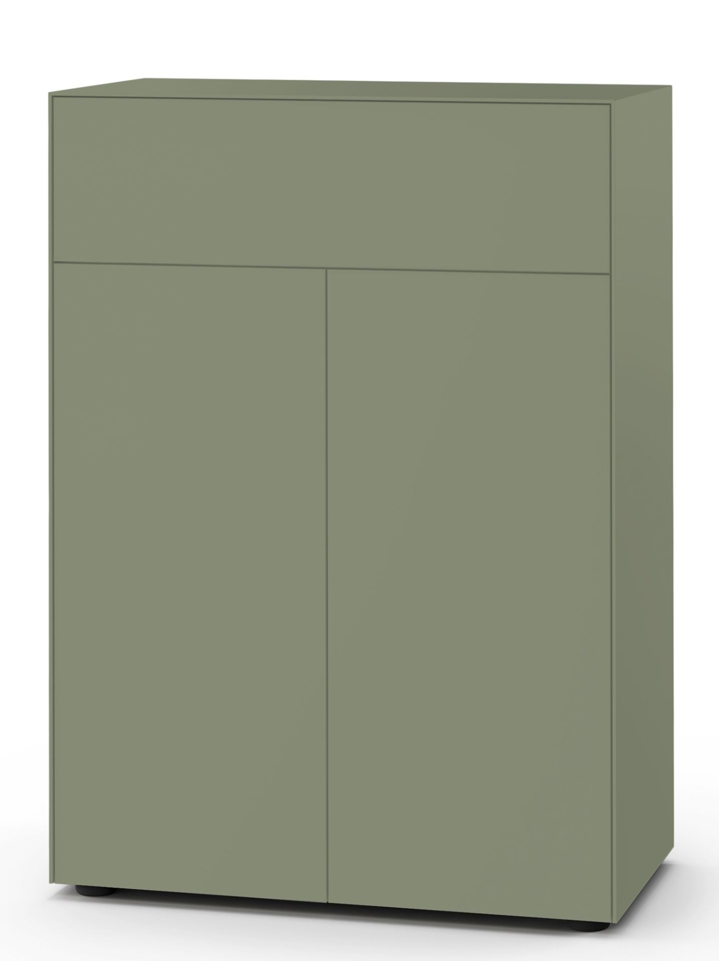 Nex Pur Box Sideboard von Piure in Olivgrün mit einer Tür und einem Schubkasten.