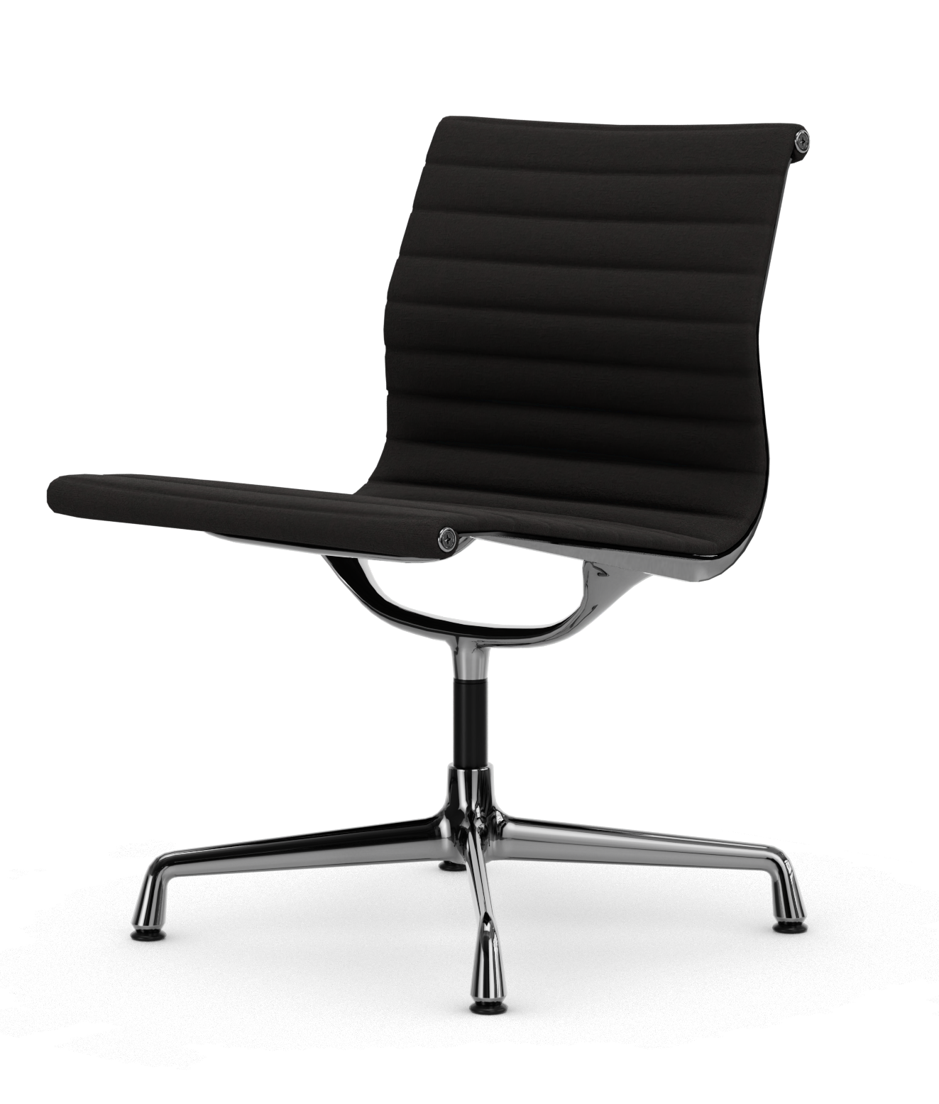 Schwarzer Aluminium Chair EA 105 von Vitra, Bürostuhl mit Armlehnen und verchromtem Fußkreuz auf weißem Hintergrund.