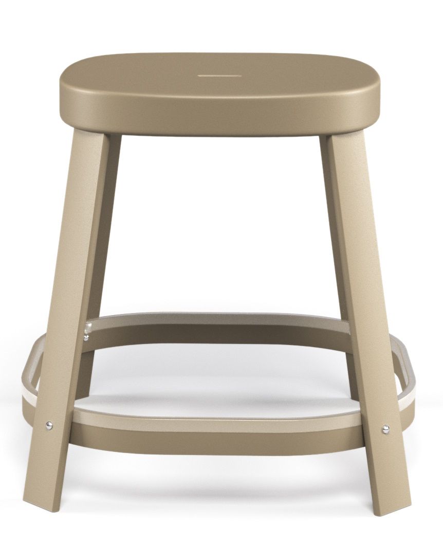 Thor Dining Stool: Niedriger, beiger Barhocker für den Außenbereich von Emu, Frontansicht.