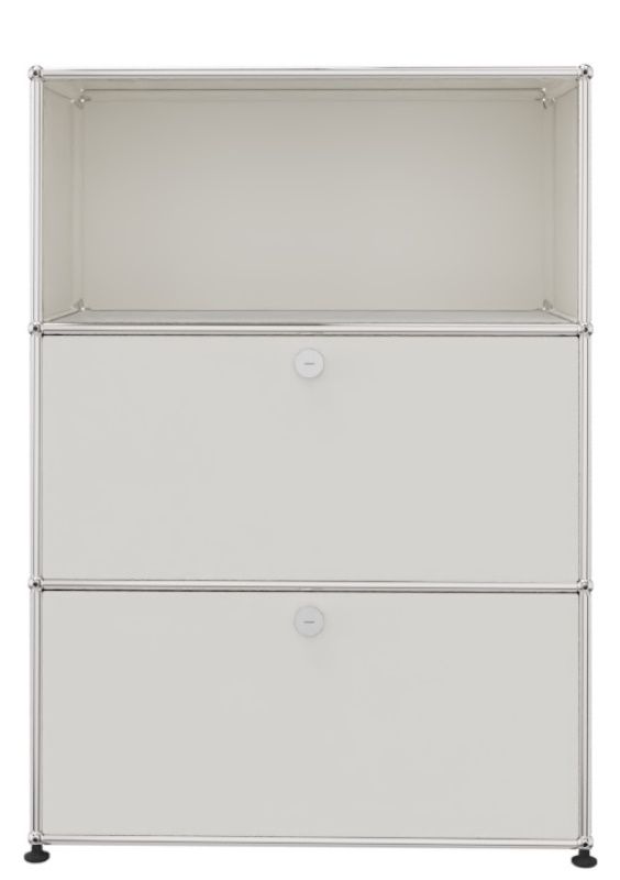 USM Haller Highboard in Reinweiß mit einem offenen Fach und zwei Schubladen für Büro und Wohnzimmer.