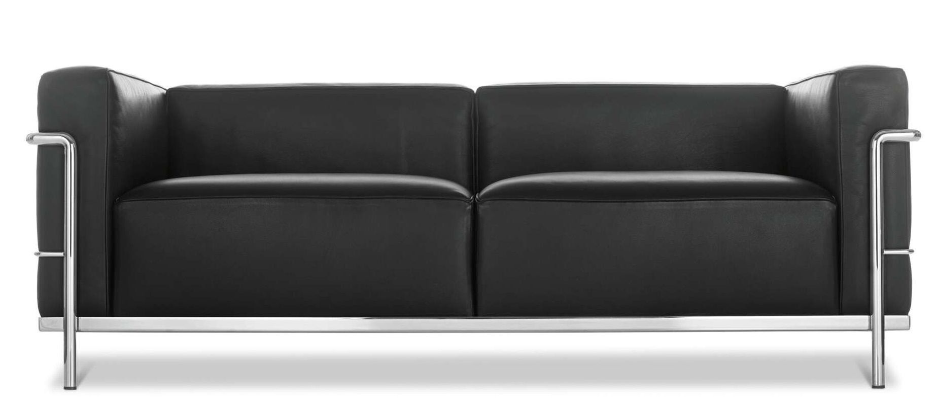 Schwarzes Cassina Sofa, Zweisitzer "Grand Confort", Leder mit verchromtem Stahlrohrgestell. Designklassiker.