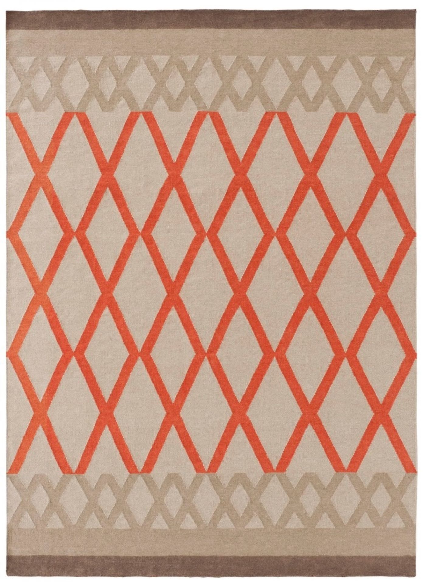 Kilim Sioux Teppich: Beige Teppich mit korallenroten Rautenmuster, ein moderner Wollteppich für Wohnzimmer und Schlafzimmer.