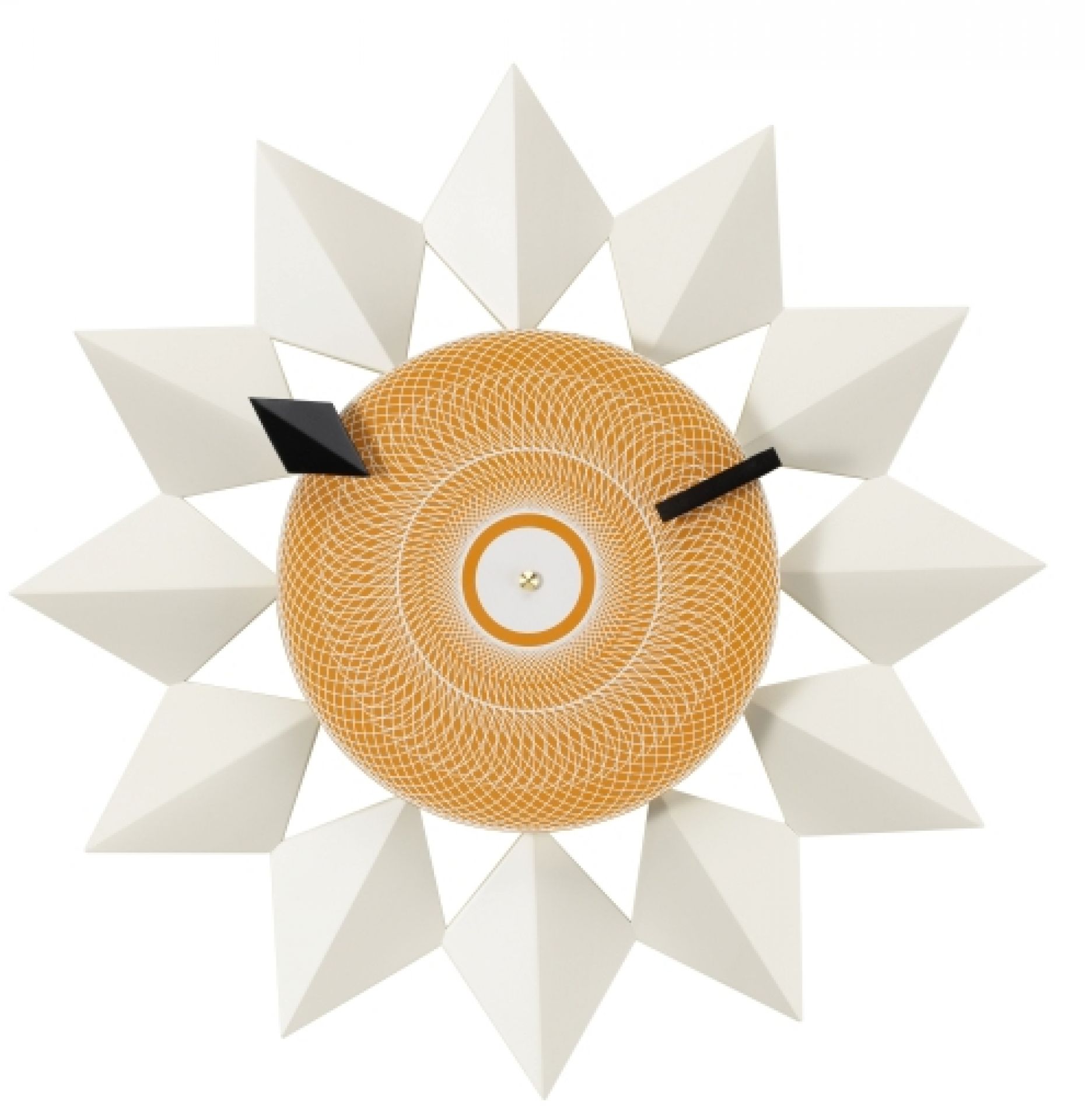 Weiße Diamond Markers Wanduhr von Vitra mit geometrischem Design und orangefarbenem Zifferblatt.