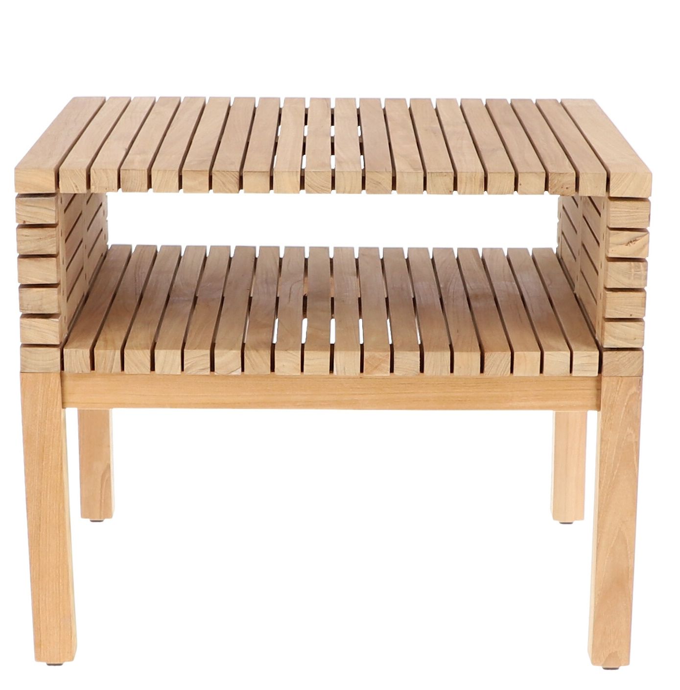 Samoa Beistelltisch von Jan Kurtz: Quadratischer Outdoor Tisch aus Teakholz mit Ablage.