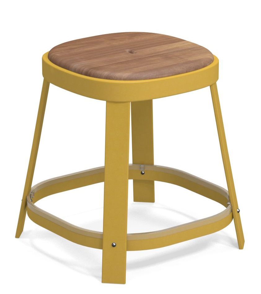 Thor Dining Stool Barhocker von Emu, gelbes Metallgestell mit Sitzfläche aus Holz für den Außenbereich.