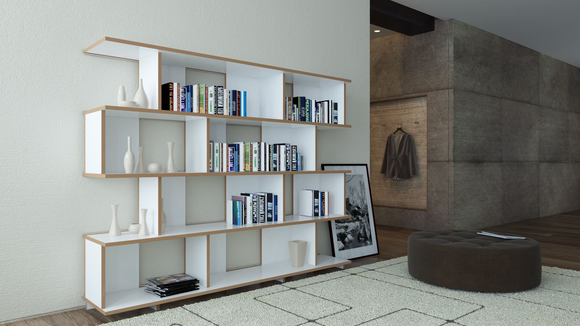 Tojo Stell Regal Grundmodul, modernes Bücherregal in Weiß und Holz, gefüllt mit Büchern und Dekoration.