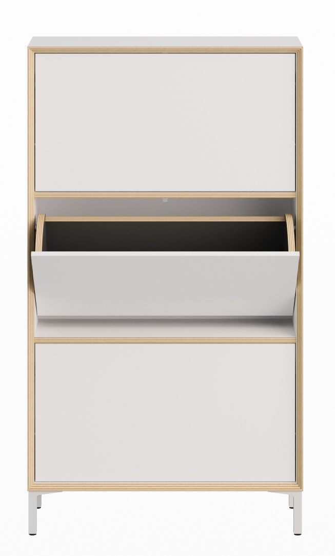 Vertiko Schuhschrank von Müller Möbelwerkstätten in Weiß mit Kippfächern und hellem Holzrahmen.