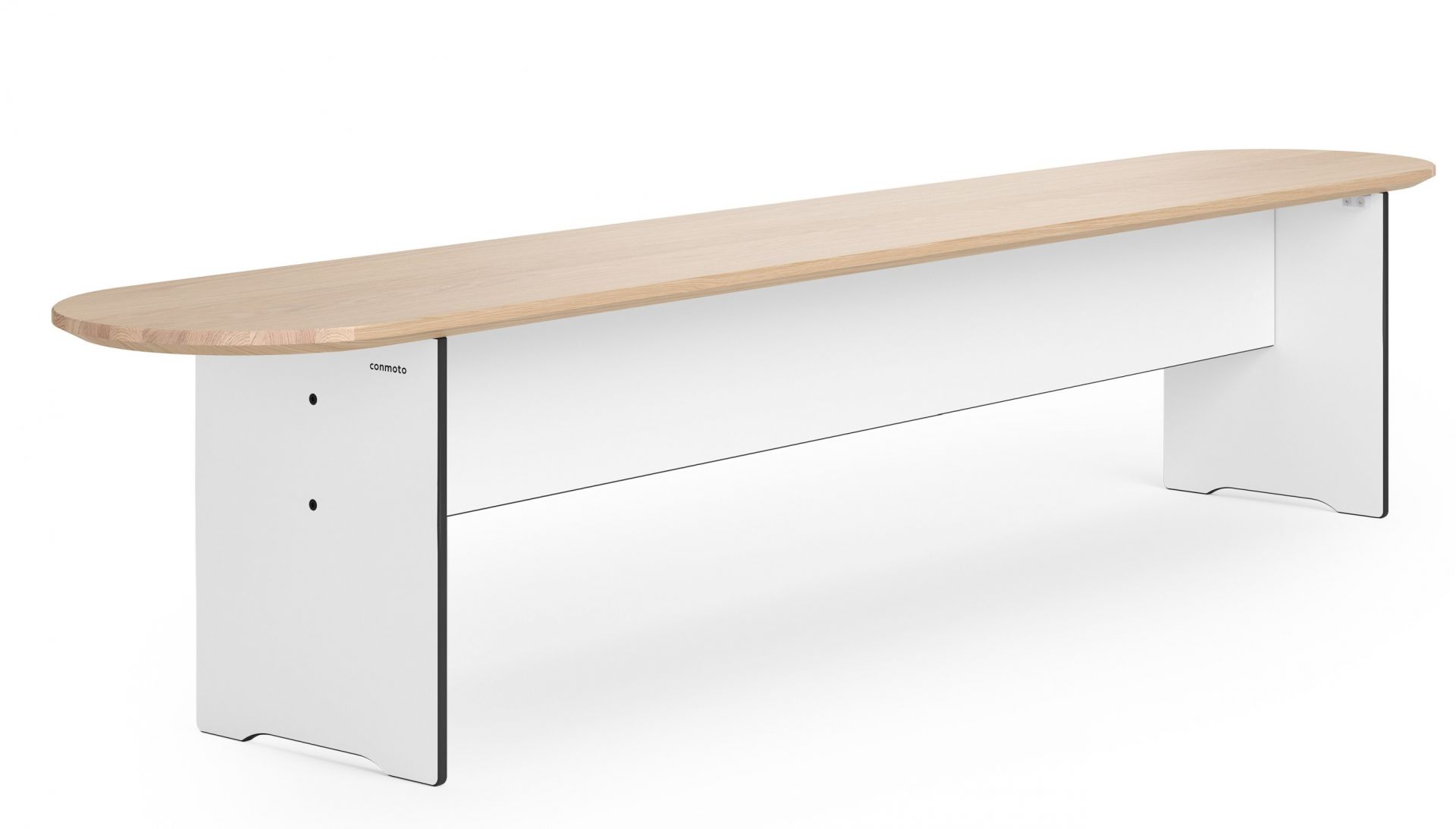 Riva Bank von Conmoto: Lange, moderne Sitzbank mit heller Holzplatte und weißen Beinen.