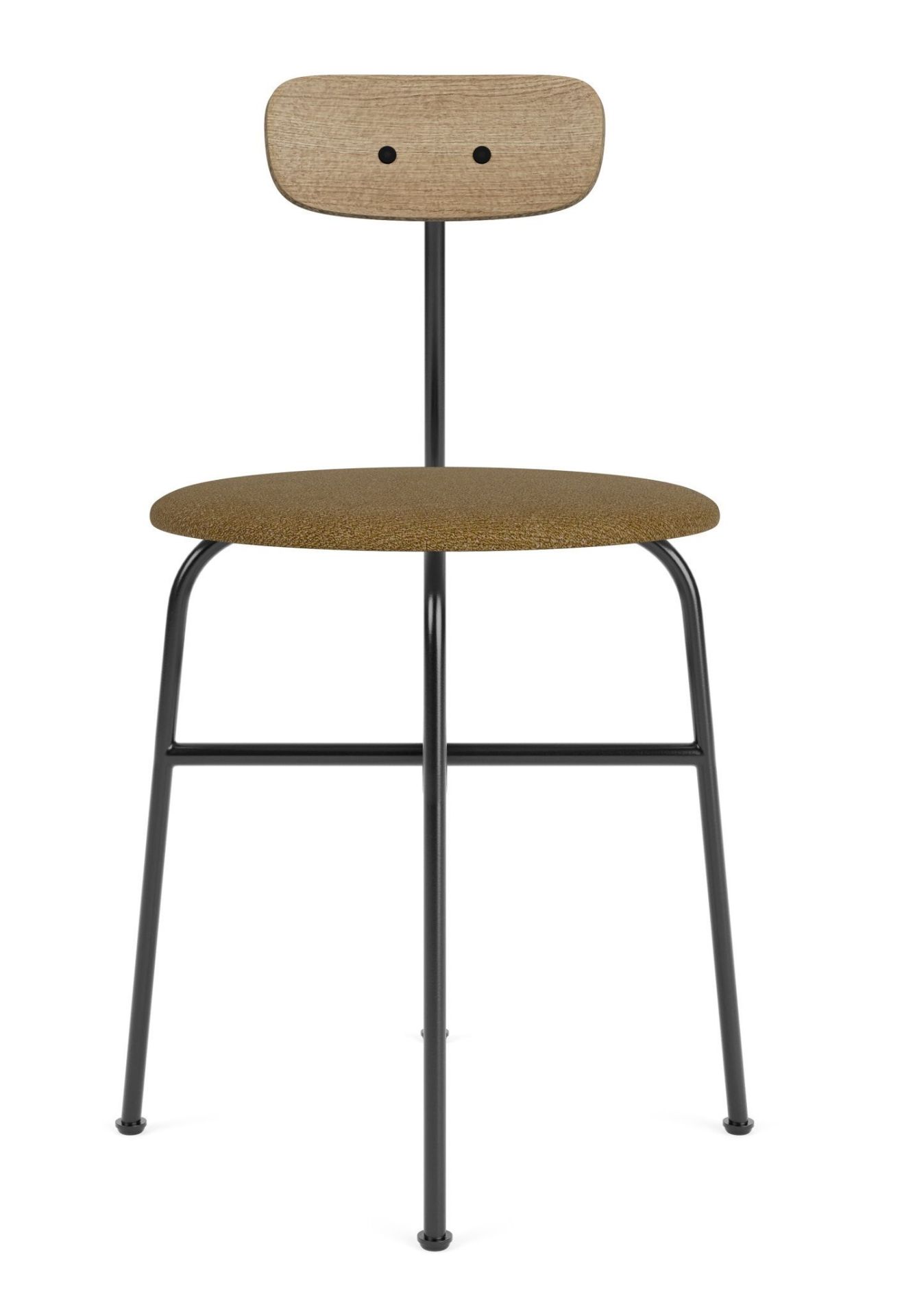 Afteroom Dining Chair von Audo Copenhagen: Esszimmerstuhl mit braunem Sitz und schwarzem Metallgestell.
