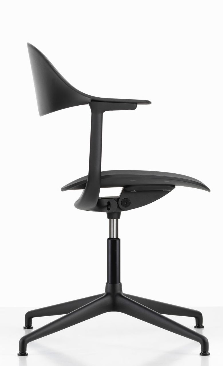 Schwarzer Mynt Bürodrehstuhl von Vitra, ergonomischer Schreibtischstuhl mit Kunststoff-Sitz und Rückenlehne, Seitenansicht.