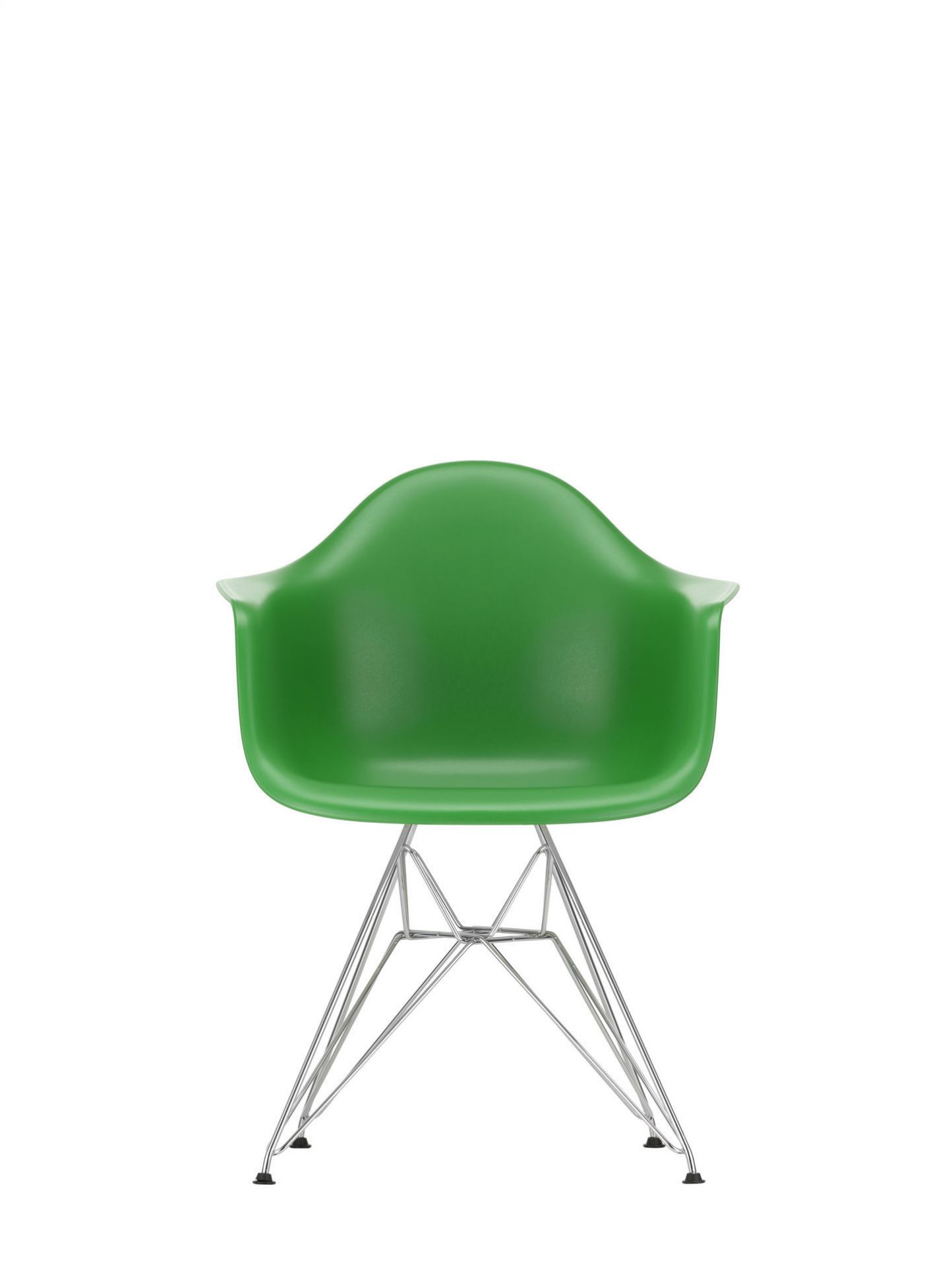 Grüner Eames Plastic Arm Chair mit verchromtem Eiffelgestell von Vitra. Designklassiker für Wohnen und Büro.