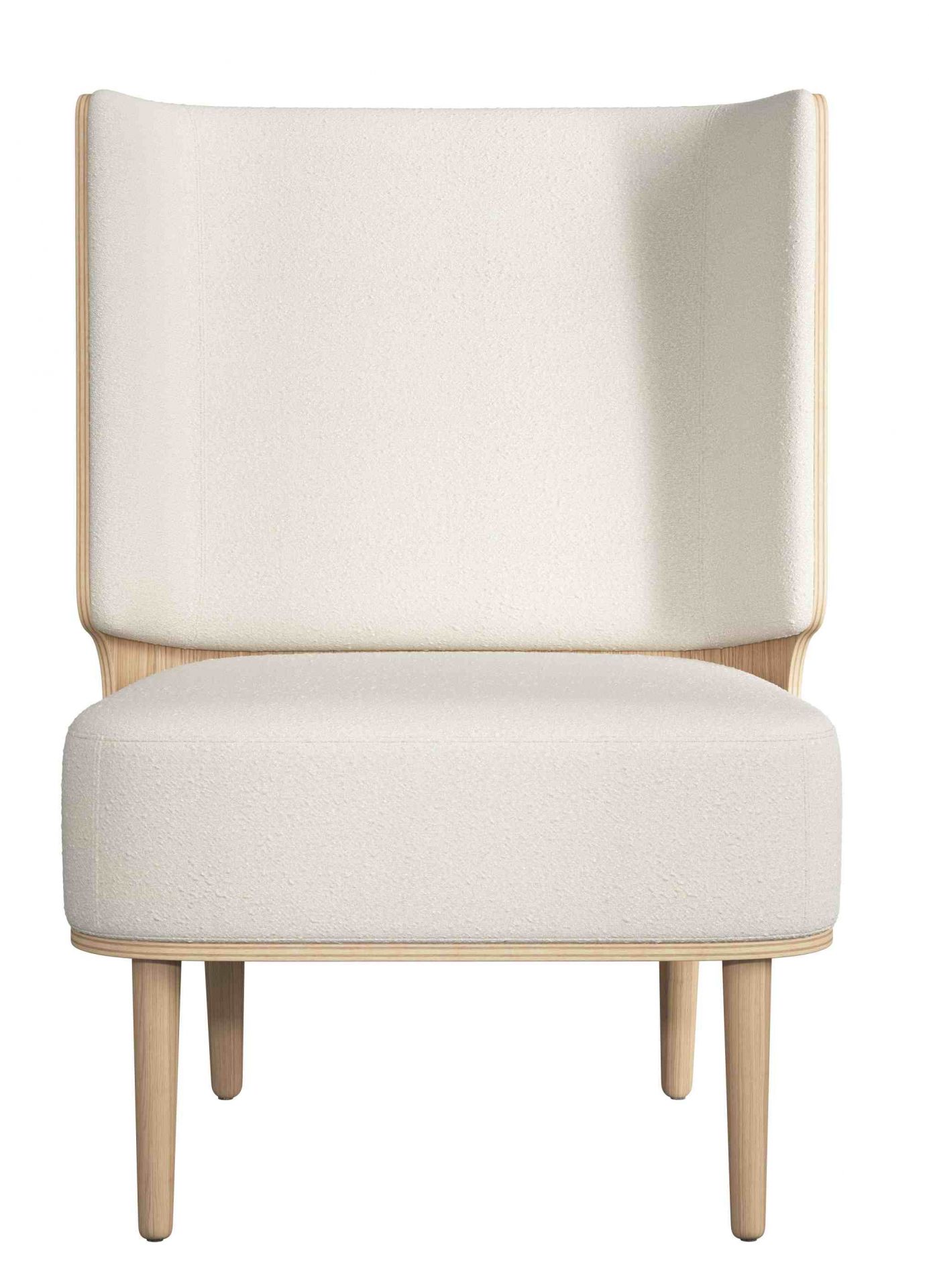 Serena Lounge Chair Sessel in Eiche natur mit weißem Nubbio Stoffbezug, Frontansicht.