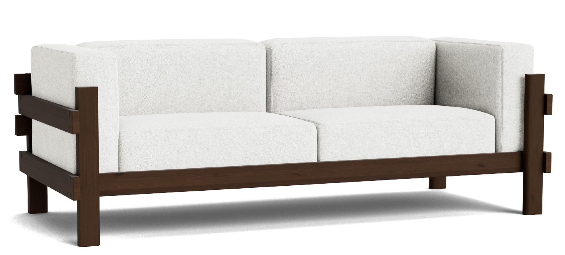 Kube Sofa von Normann Copenhagen, modernes 2-Sitzer Sofa mit hellgrauem Stoffbezug und dunklem Holzrahmen.