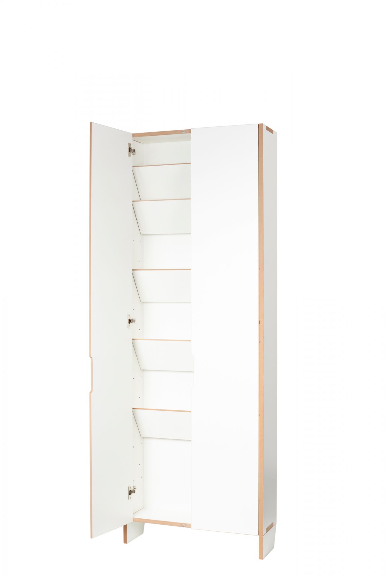 Offener, weißer Tojo Schuhschrank mit mehreren Schuhfächern und hellem Holzrahmen. Moderner Schuhschrank für Flur.