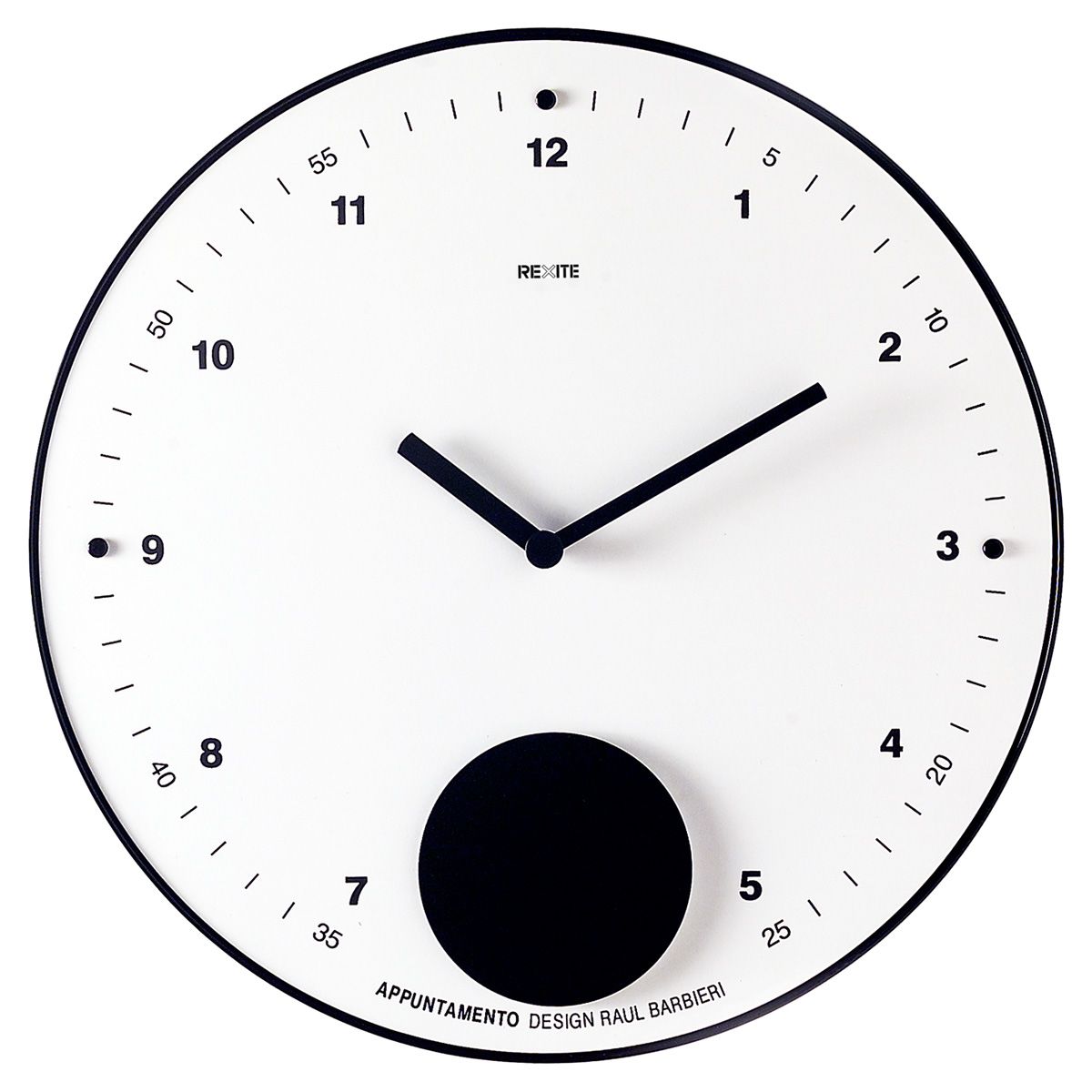 Appuntamento Wanduhr von Rexite: Runde, minimalistische Design-Uhr in Weiß mit schwarzen Akzenten und Pendel.