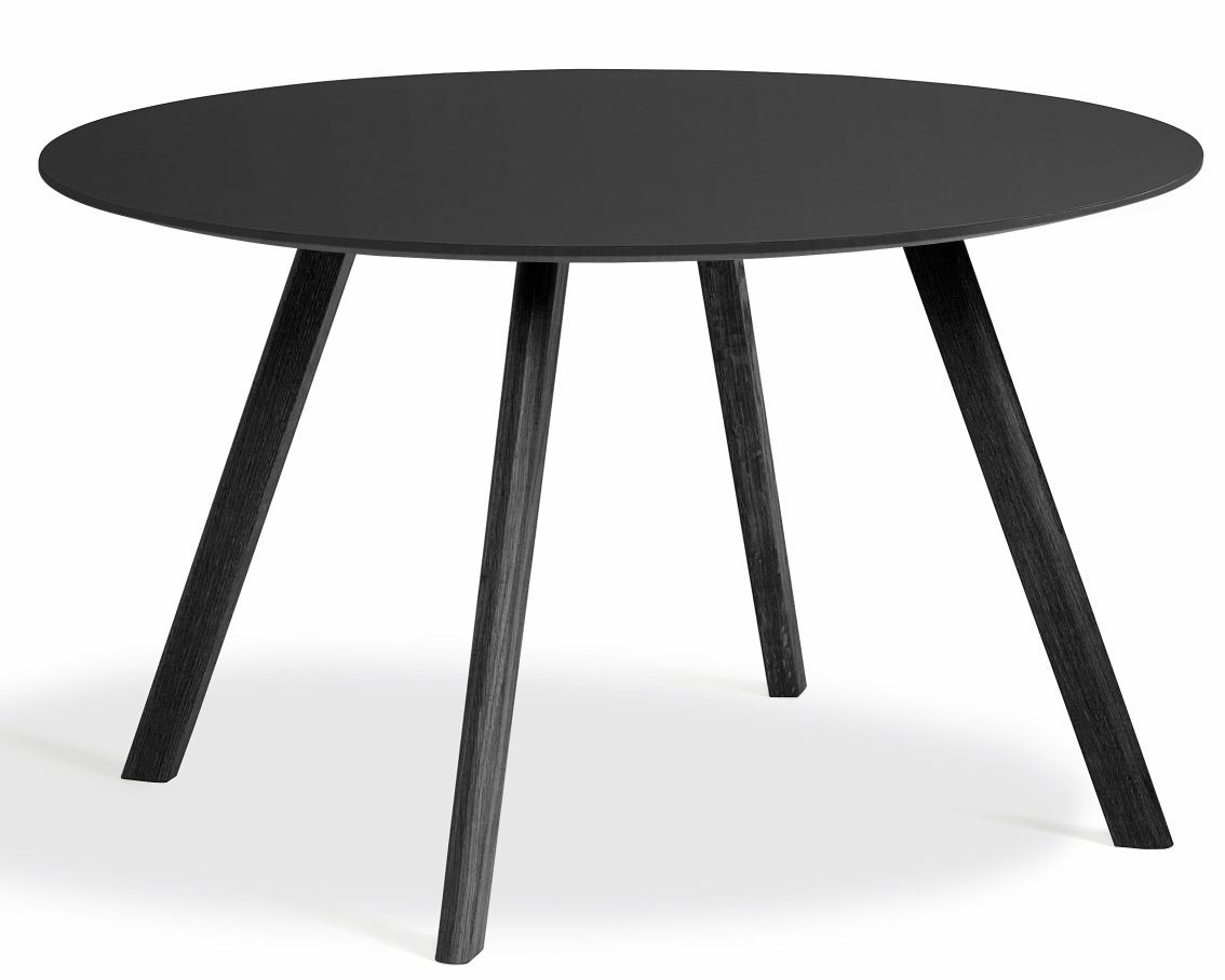 Schwarzer Copenhague Tisch CPH 25 von Hay, runder Esstisch mit drei Holzbeinen, Durchmesser 120 cm.