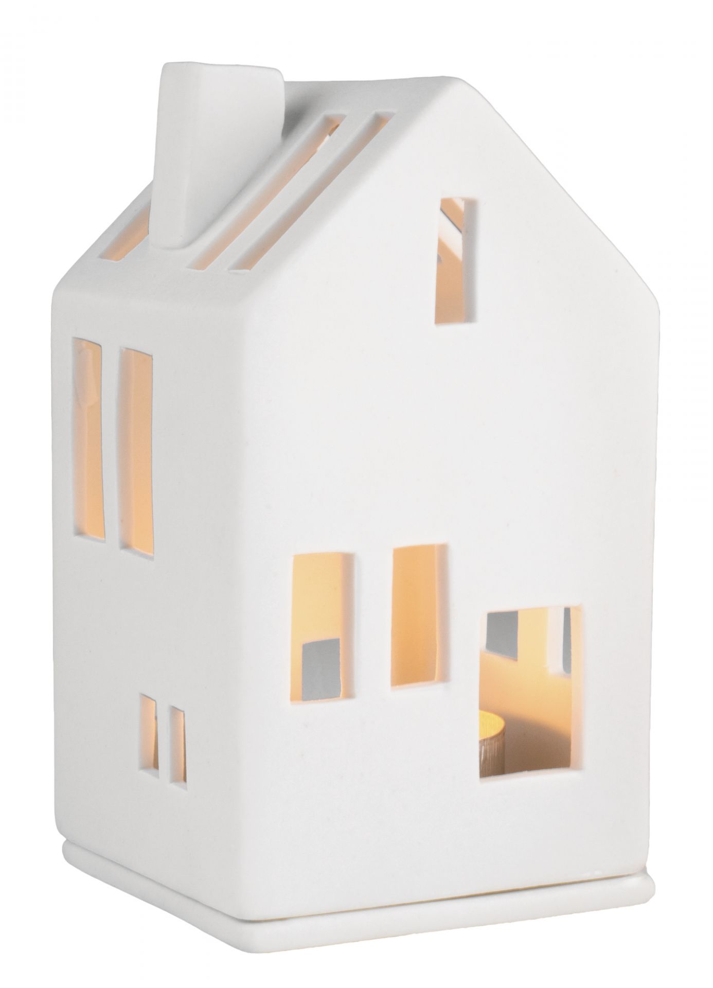 Weißes Living Mini Lichthaus Wohnhaus Räder mit Fenstern und Teelicht, stimmungsvolle Dekoration.
