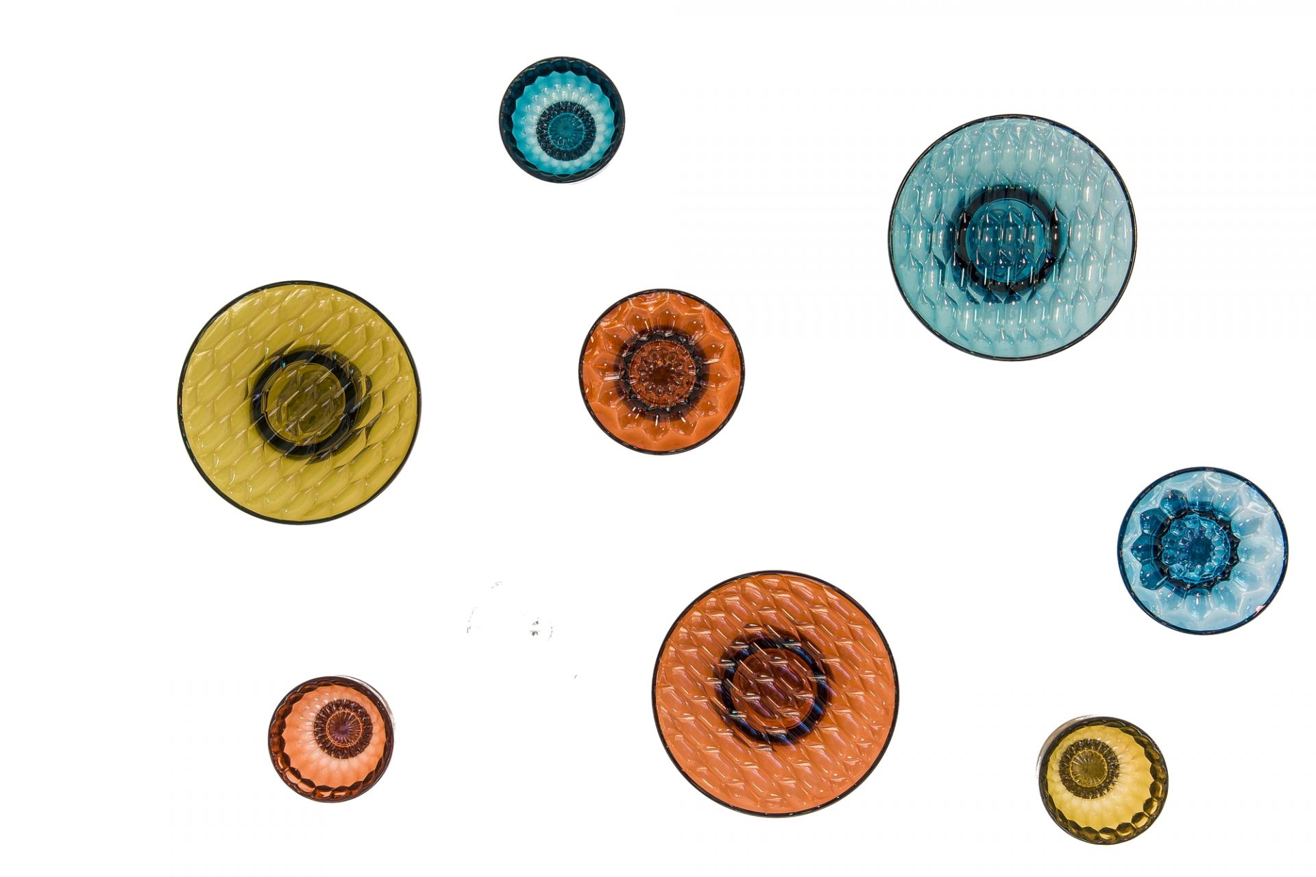 Verschiedenfarbige Jellies Coat Hangers Garderobenhaken von Kartell, kleine runde Wandhaken aus transparentem Kunststoff.