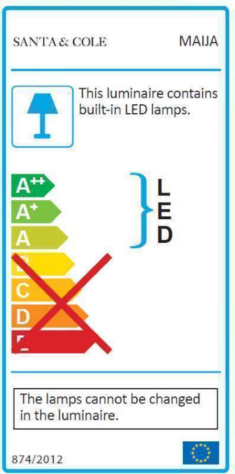 Energieeffizienzlabel der Maija Hängeleuchte von Santa & Cole mit integrierten LEDs.