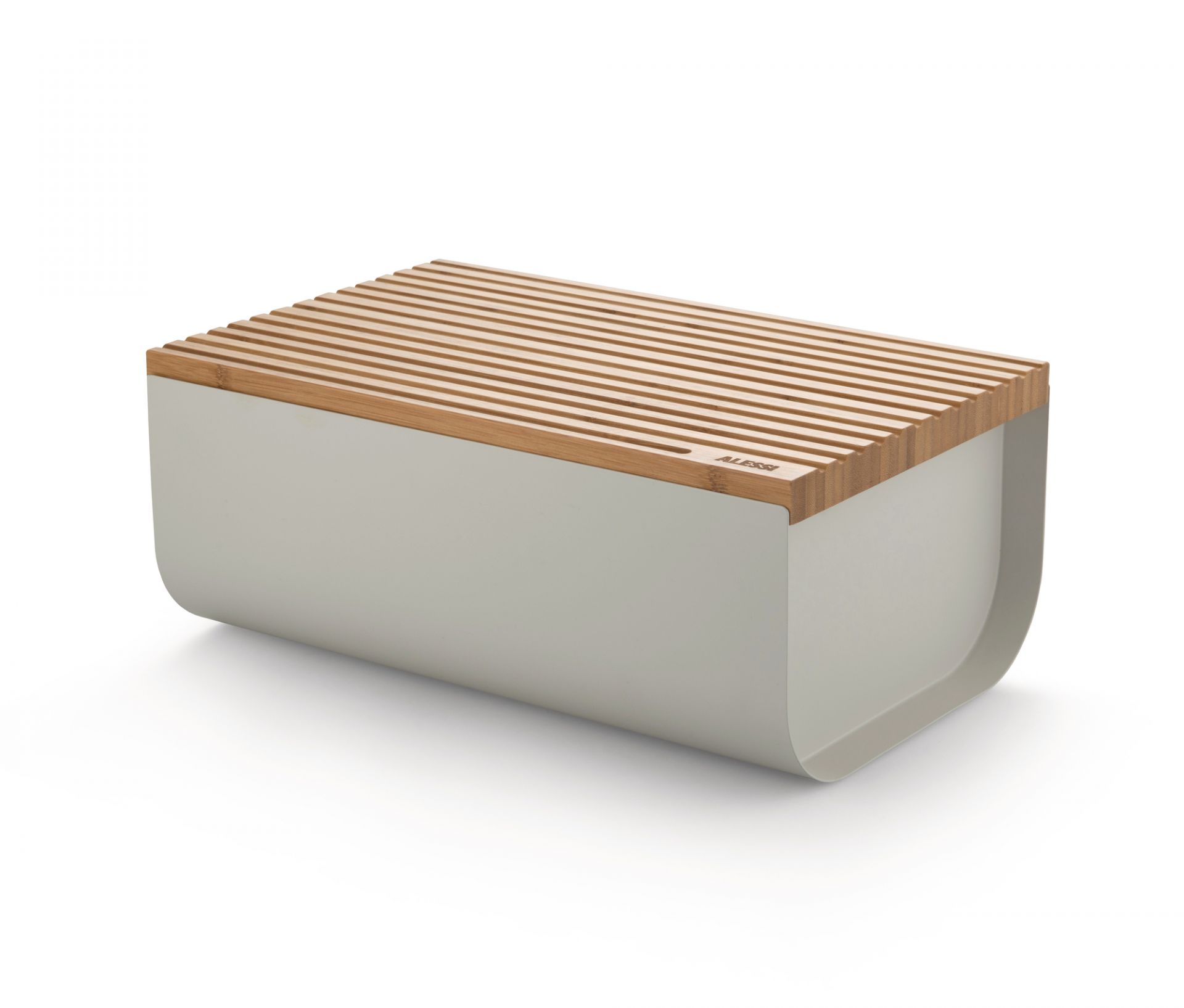 Alessi Brotkasten Mattina in warmem Grau mit Bambusdeckel, modernes Design für die Küche.