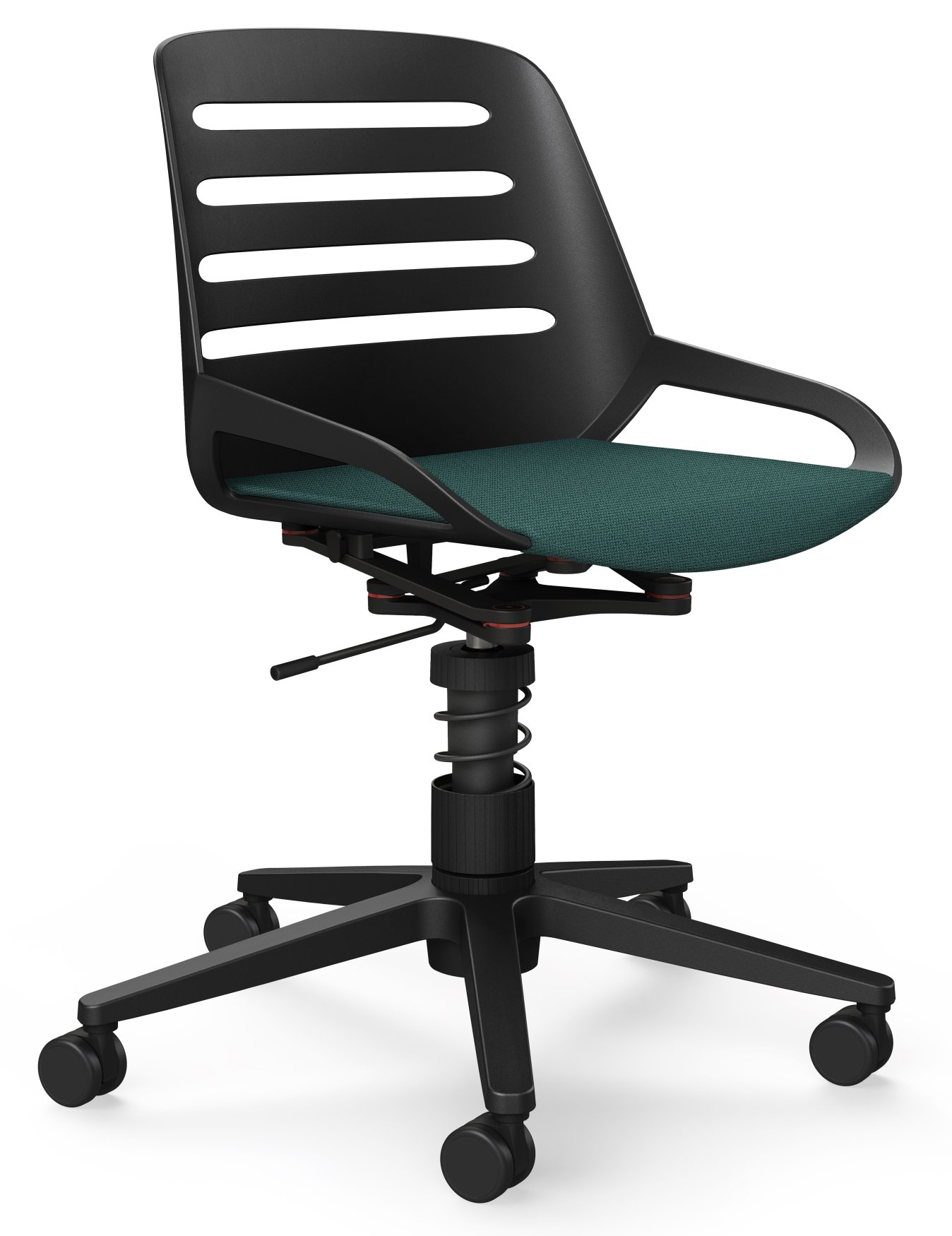 Numo Task Bürodrehstuhl von Aeris mit schwarzem Gestell, grüner Sitzfläche und Rollen für ergonomisches Sitzen.