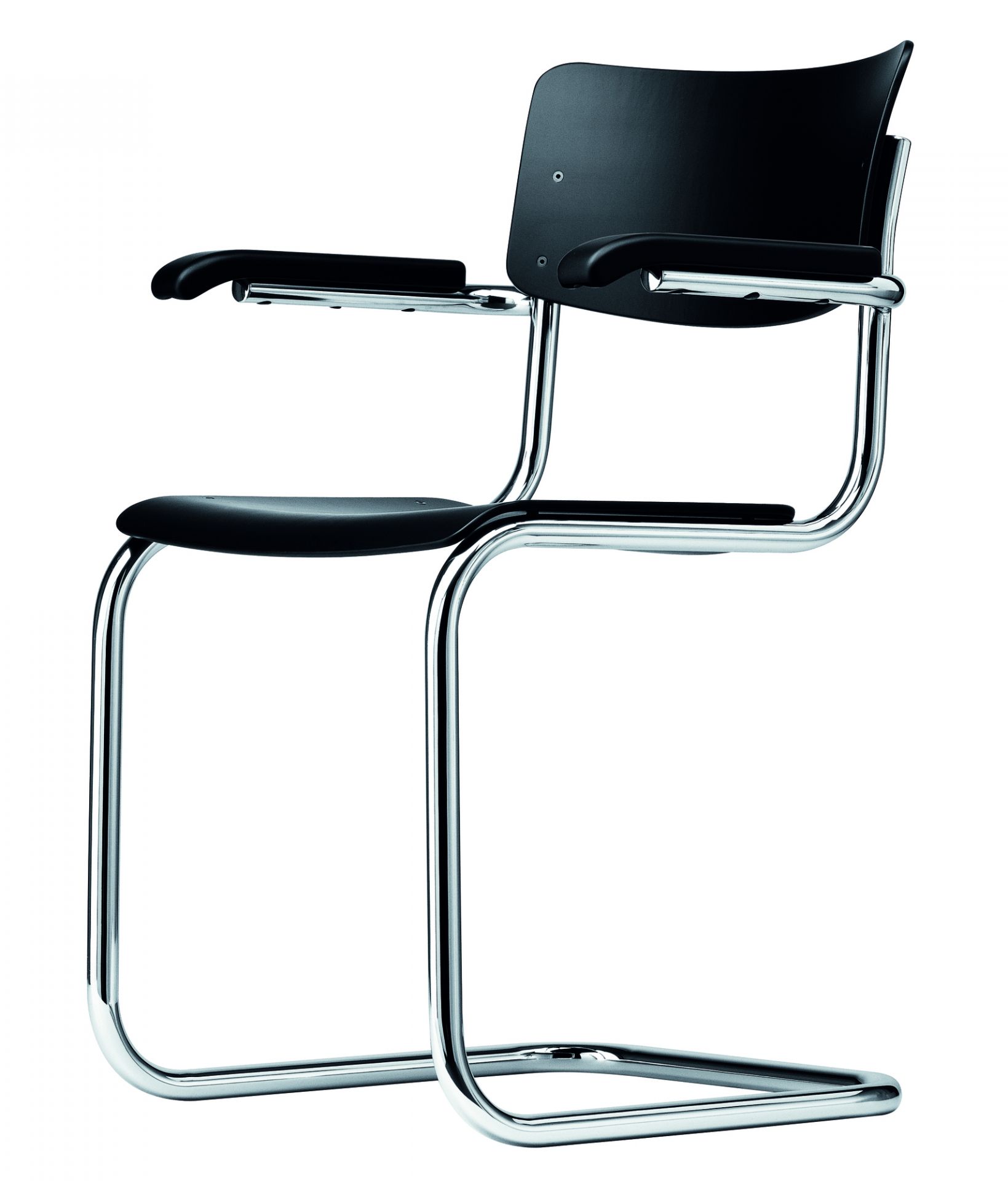 Schwarzer S 43 FST Stahlrohr Freischwinger Stuhl von Thonet, ein Designklassiker mit Armlehnen.