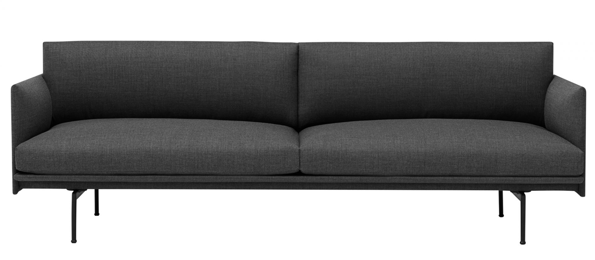 Graues Muuto Outline Sofa, 3-Sitzer, modernes Design mit minimalistischen schwarzen Beinen.