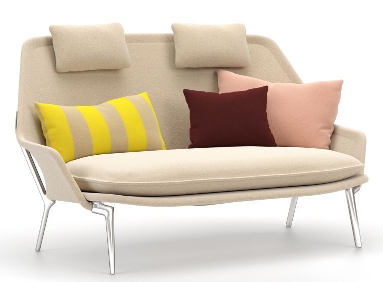 Beige Slow Sofa von Vitra mit Stoffbezug und bunten Zierkissen für Wohnzimmer und Lounge.