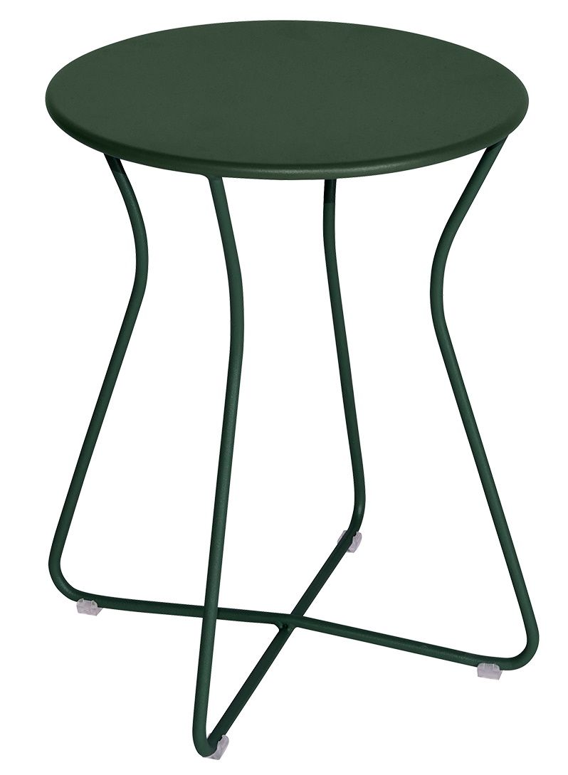 Cocotte Hocker von Fermob für den Außenbereich, dunkelgrüner Metallhocker mit runder Sitzfläche.