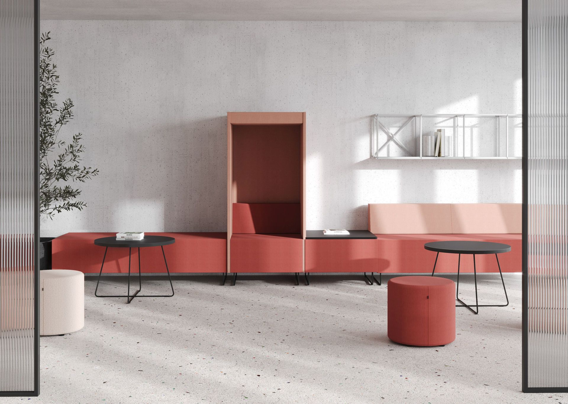 Bejot point POP R 450 Pouf, ein moderner Sitzhocker auf Rollen in Rot und Beige.