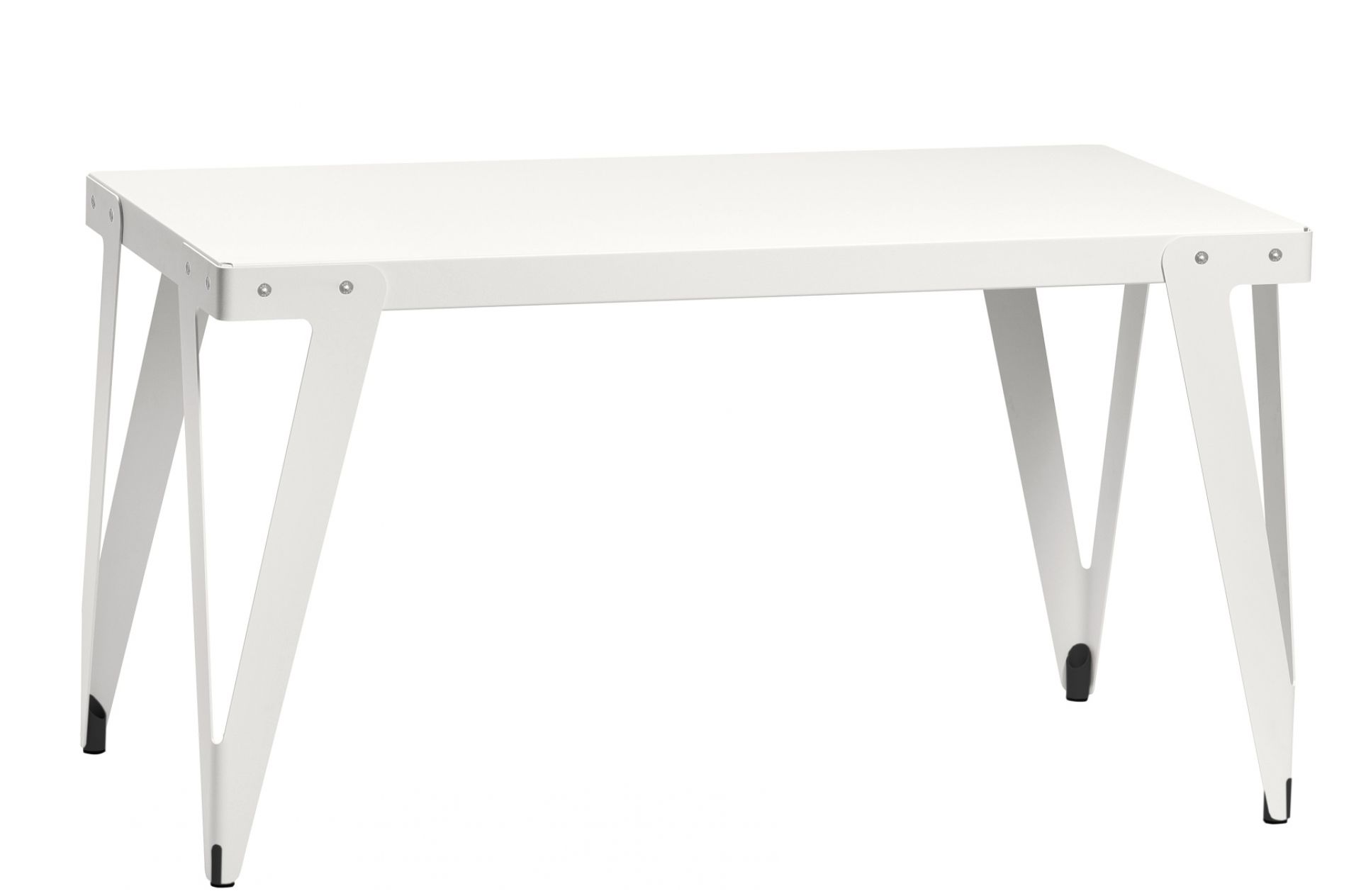 Weißer Lloyd Outdoor Tisch mit minimalistischem Design und markanten, dreieckigen Beinen für den Garten.