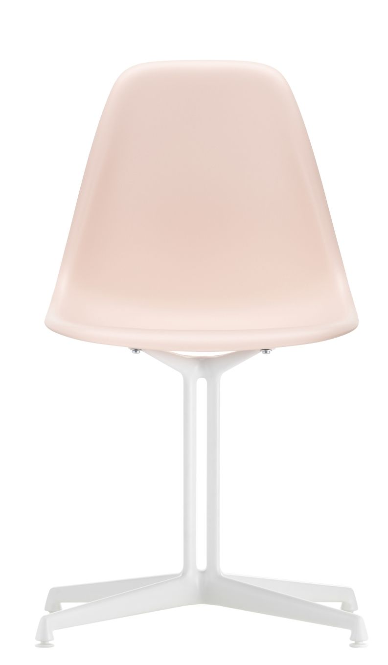 Vitra Eames Side Chair DSL in Rosa mit weißem Untergestell, Frontansicht.