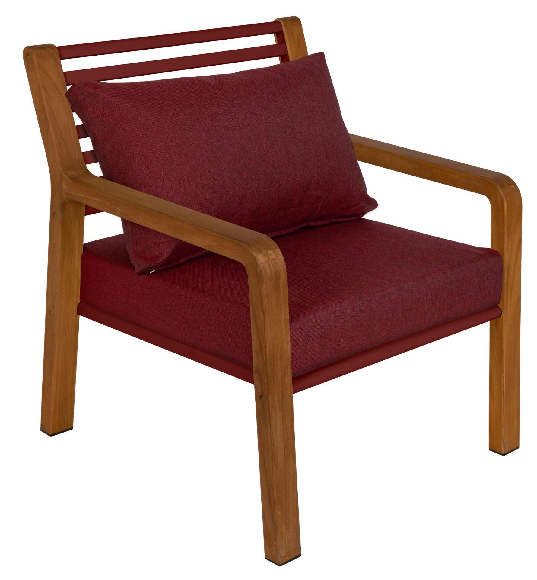 Somerset Sessel Outdoor von Fermob, Teakholz und rotes Textil, bequemer Gartenstuhl mit Kissen.
