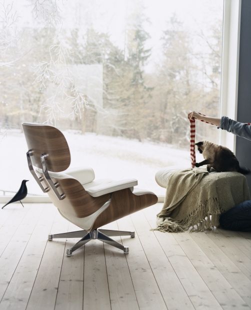 Eames Lounge Chair Sessel mit Hocker, Katze und Vogel vor winterlicher Fensteransicht.
