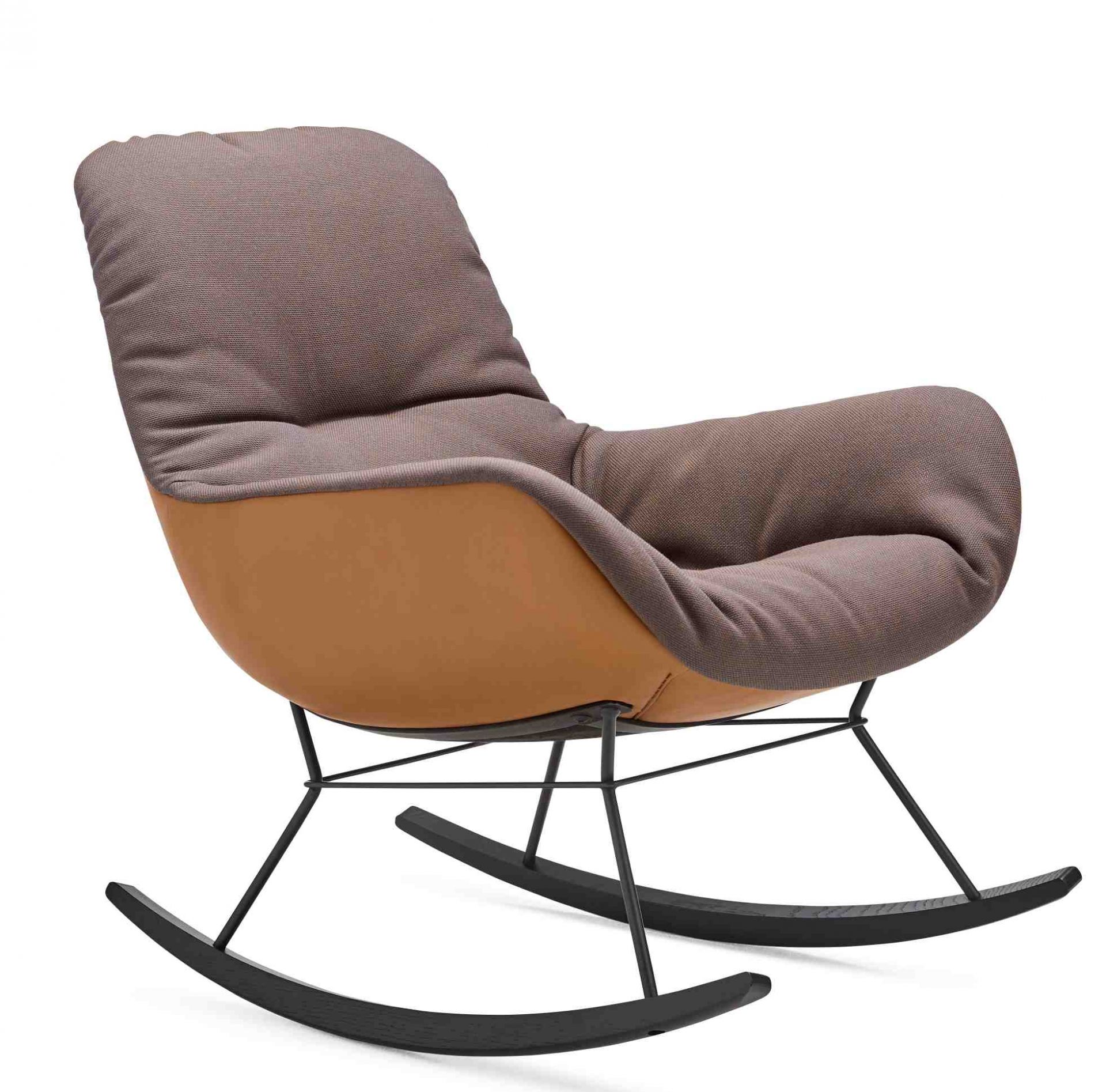 Freifrau Leya Rocking Lounge Chair Schaukelsessel mit braunem Stoffbezug und cognacfarbenem Leder, schwarzes Metallgestell und Kufen.