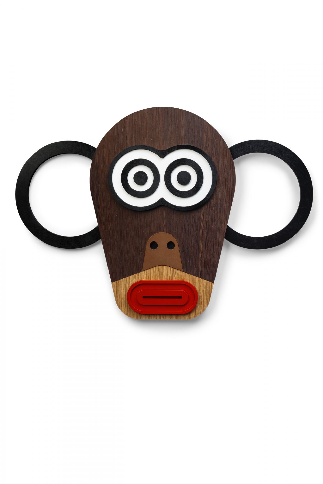 The Monkey Wandschmuck Umasqu, ein dekoratives, handgefertigtes Holzobjekt in Form eines stilisierten Affen für die Wand.