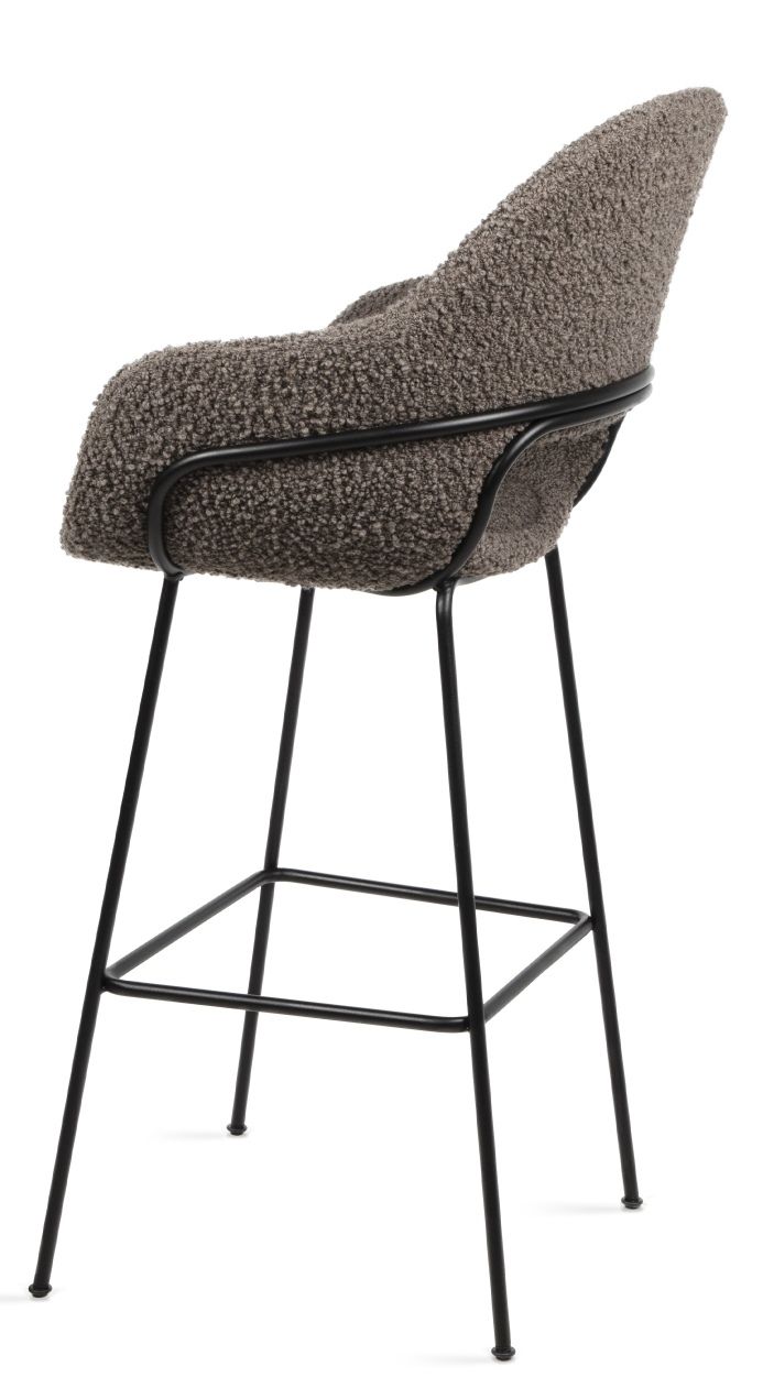 Theia Barhocker von Freifrau Manufaktur, grauer Bouclé-Stoff, schwarzes Metallgestell, hohe Sitzgelegenheit für moderne Bar.
