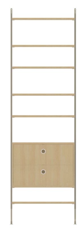 String Furniture Regalsystem, helle Holzregale und Schubladenelement mit zwei Schubladen, minimalistisches Design für Wohnzimmer.