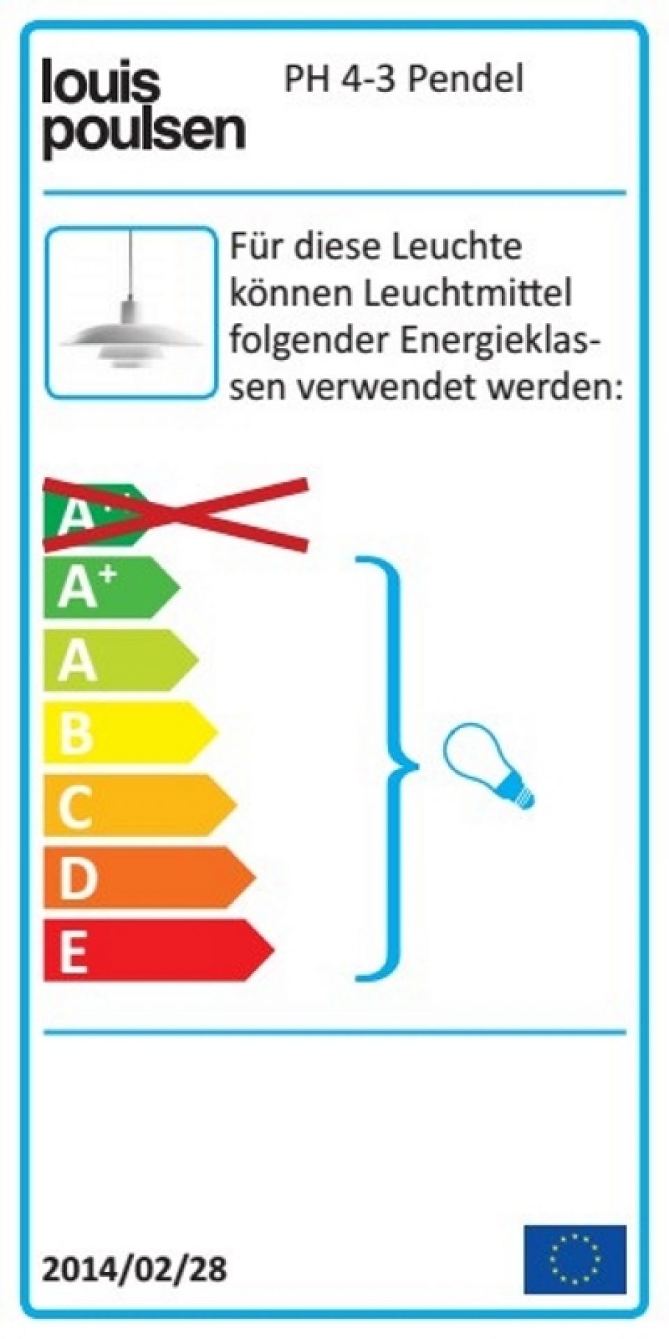 Energieeffizienzlabel für Louis Poulsen PH 4/3 Pendelleuchte, das die Energieeffizienzklassen A+ bis E zeigt.