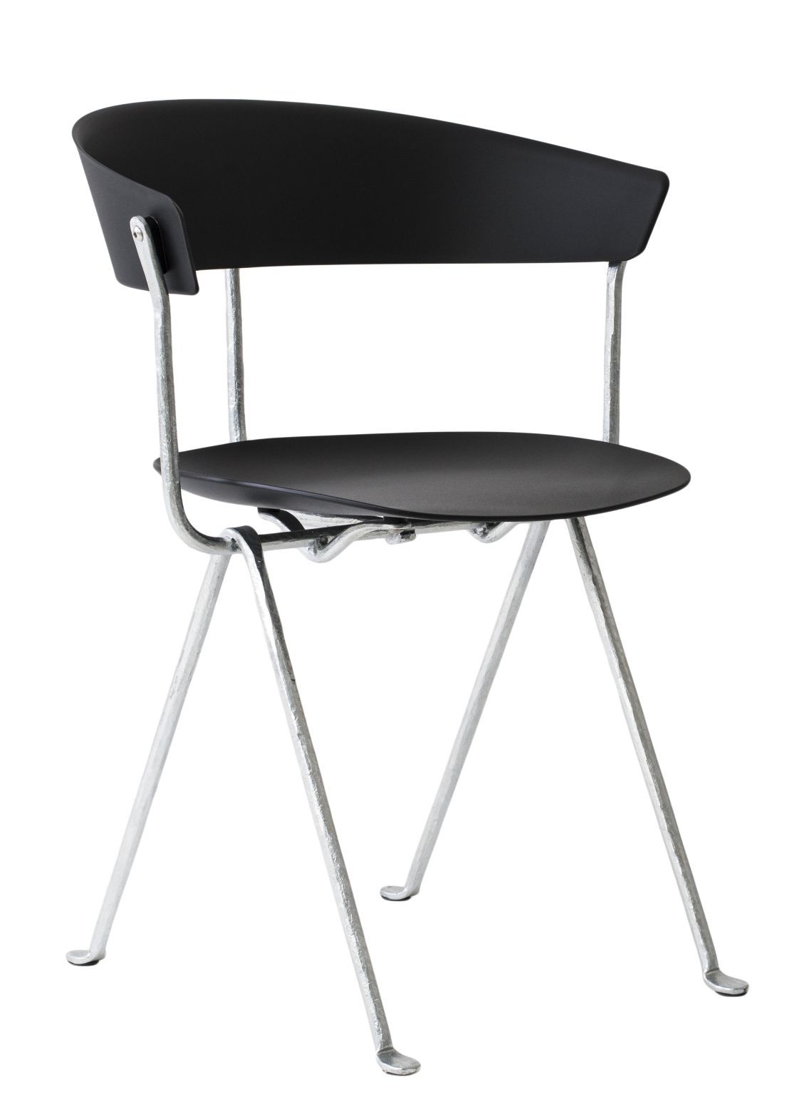 Schwarzer Magis Stuhl mit Polypropylen Sitz und Rückenlehne, silberfarbenem Metallgestell. Moderner Designstuhl.