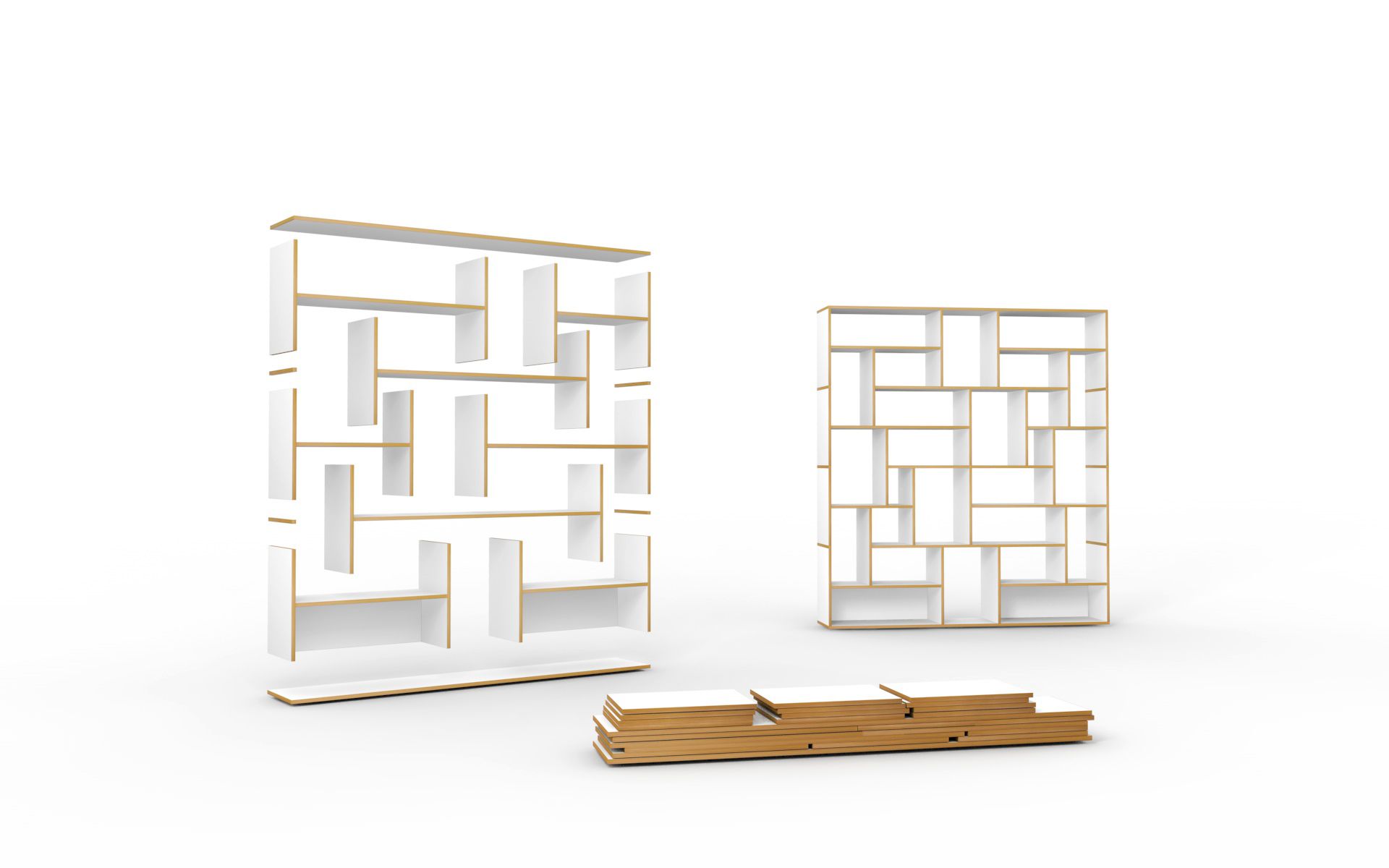 Hanibal Regal hoch von Tojo, zerlegt und aufgebaut, modernes Design, weiße Regale mit Holzrahmen.