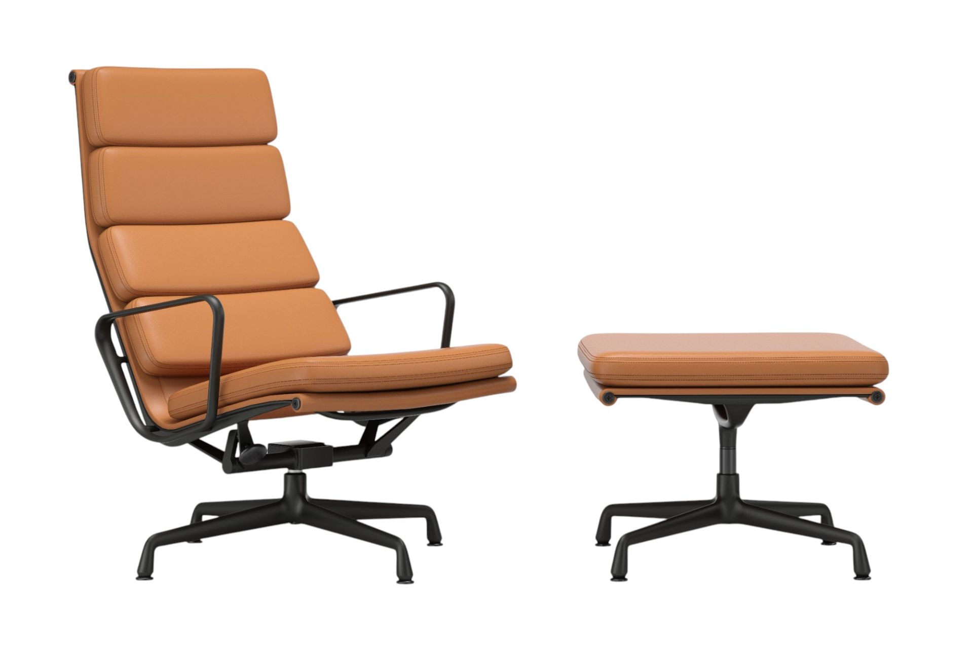 Vitra EA222 Soft Pad Sessel mit Hocker, Leder cognac, schwarzes Aluminiumgestell, modernes Design.