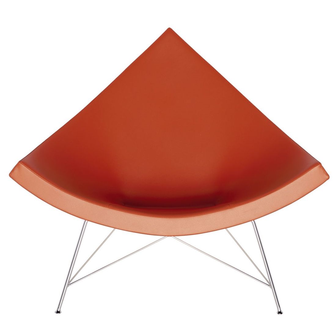 Orangefarbener Coconut Chair von Vitra mit verchromtem Drahtgestell, Frontansicht. Designklassiker Sessel für Wohnzimmer und Büro.