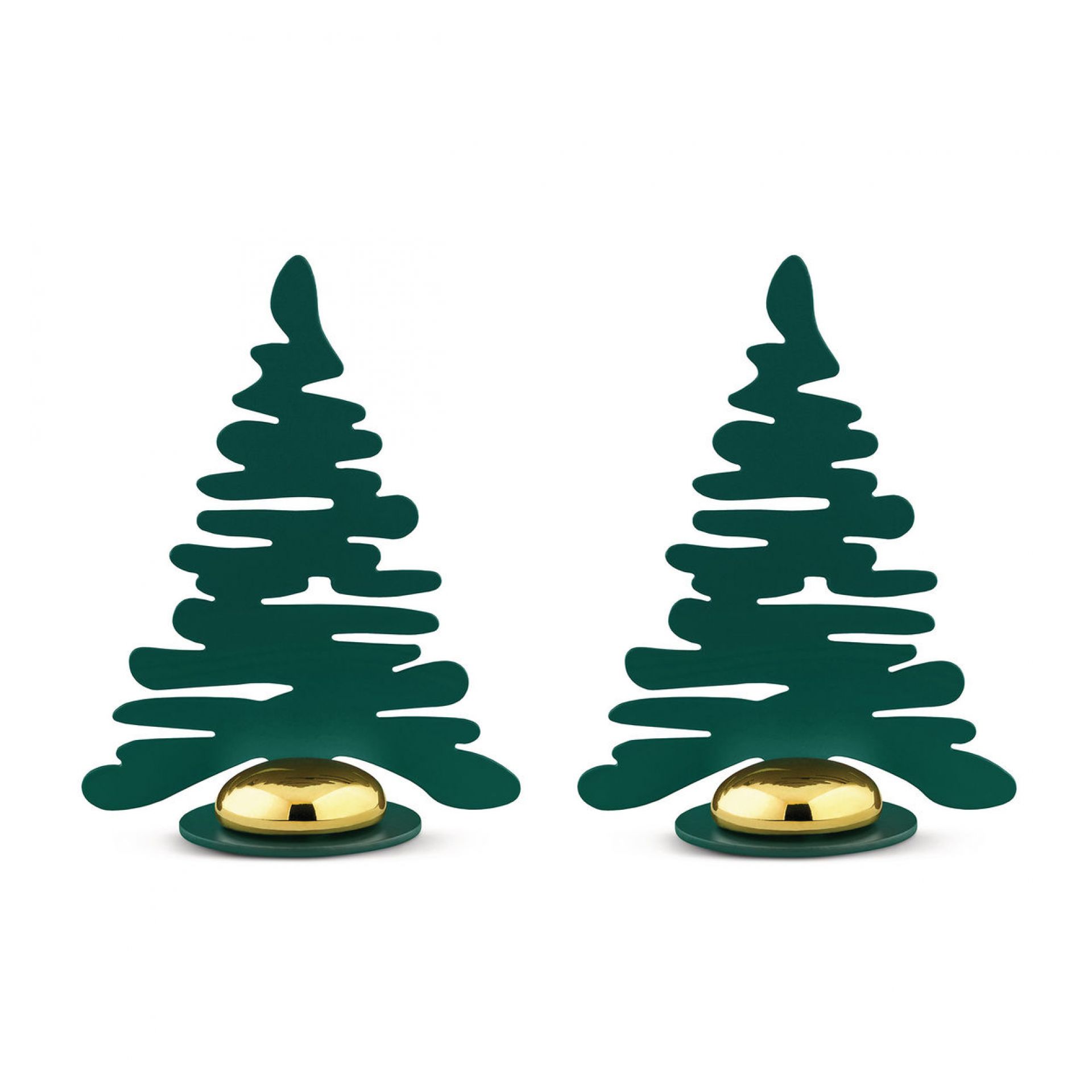 Zwei grüne Barkplace Tree Tischkartenhalter für Weihnachten mit goldenem Sockel.