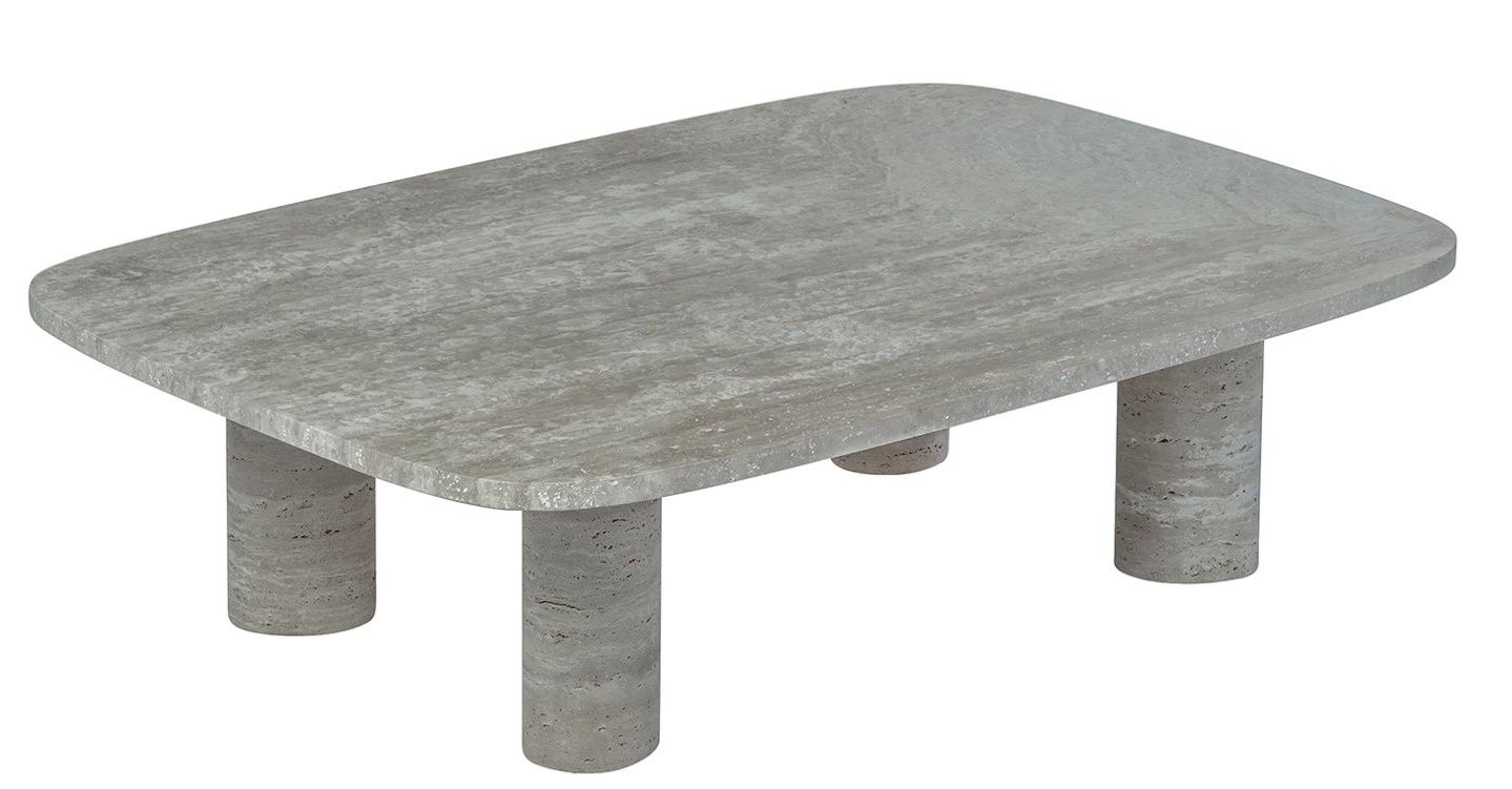 Blomus Volos Couchtisch aus Travertin, rechteckig mit abgerundeten Ecken und zylindrischen Beinen, modernes Wohnzimmer Möbel.