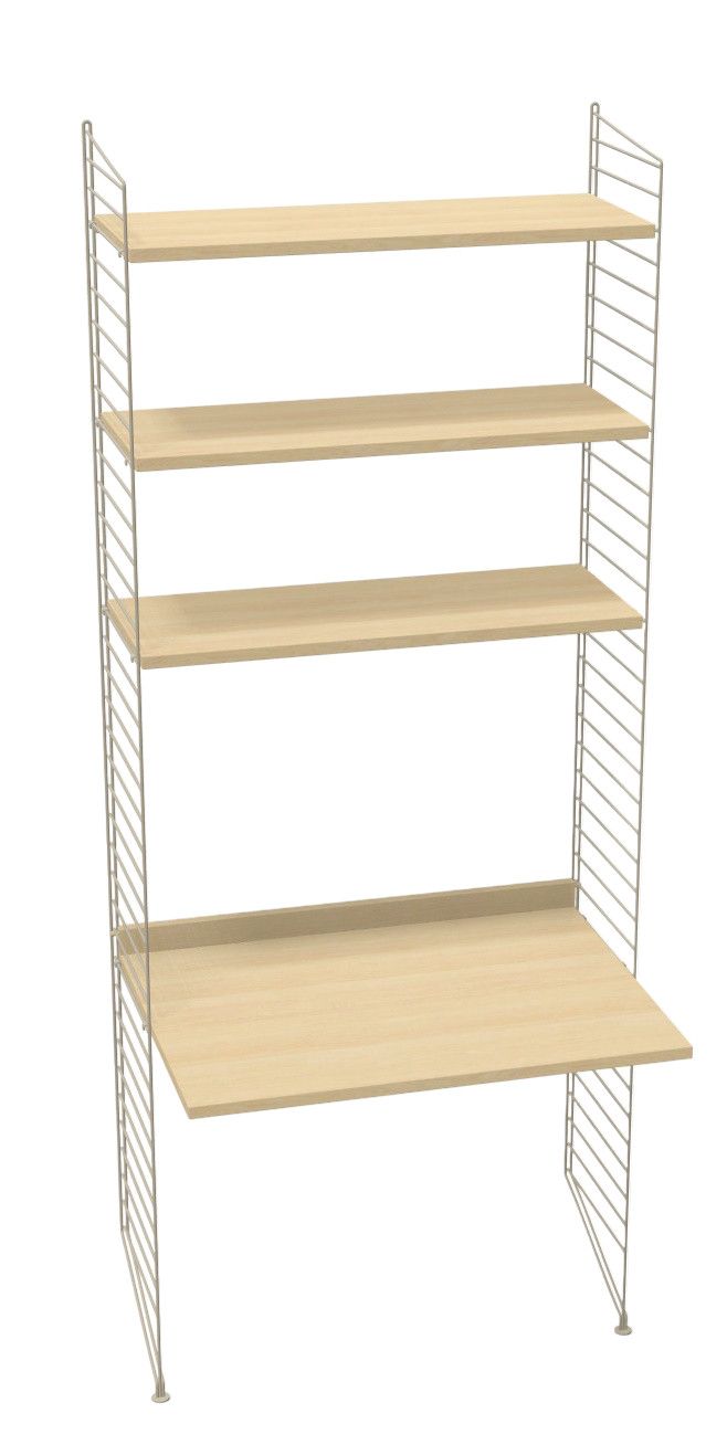 Arbeitsplatz KONFIGURATIONEN W1 String Furniture mit hellem Holzschreibtisch und drei Regalböden an einem weißen Drahtgestell.