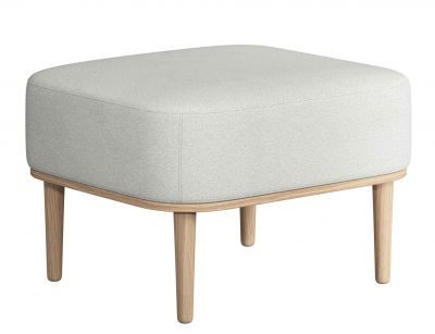 Serena Pouf Ottoman mit hellem Stoffbezug und Beinen aus Eiche natur. Hocker für Wohnzimmer.
