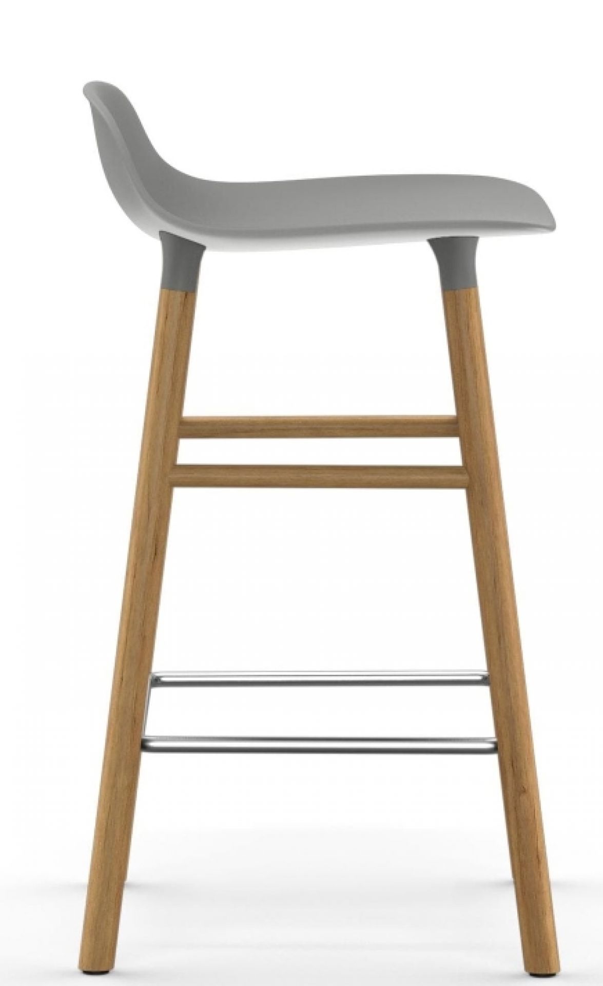 Form Barhocker von Normann Copenhagen, Hocker mit Holzbeinen und grauer Sitzschale, Seitenansicht.